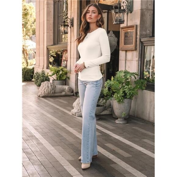 Soft Ribbed Long Sleeve Crewneck Top | Fleece Lined Stretch Tee for Women - Picture 4 of 6